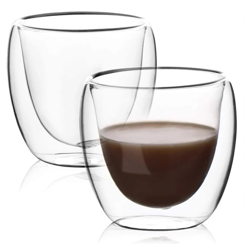 6 Clear Double Wall Glass Mugs
