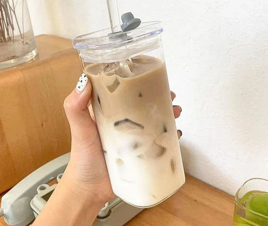 Square Heat Resistant Glass Cup with Lip and Straw