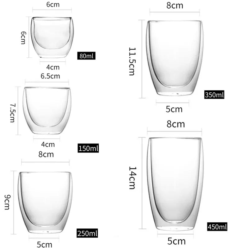 6 Clear Double Wall Glass Mugs