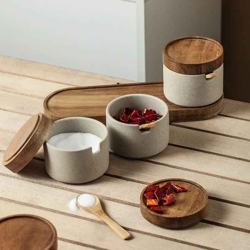 Ceramic Retro Seasoning Jar with Wooden Lid