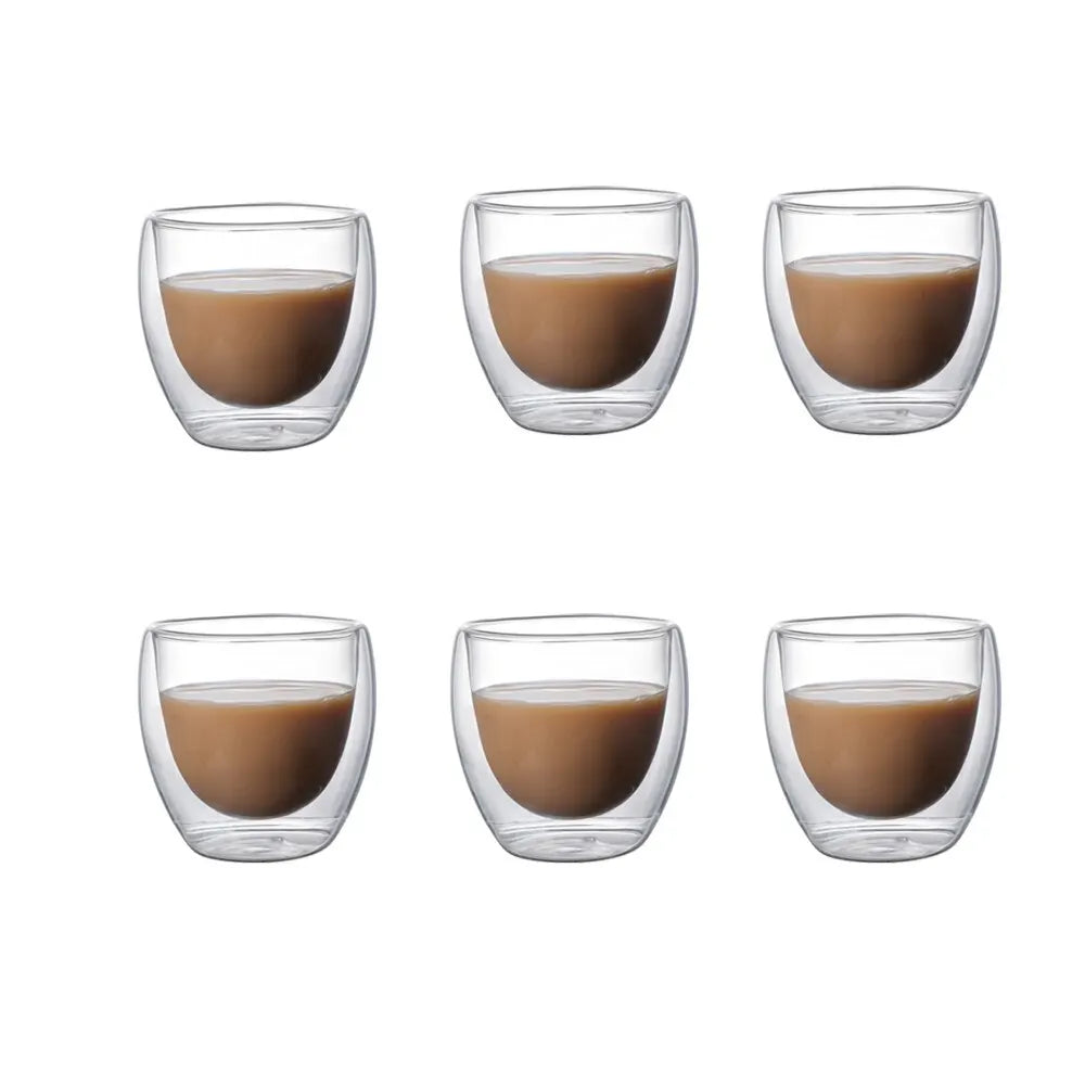 6 Clear Double Wall Glass Mugs