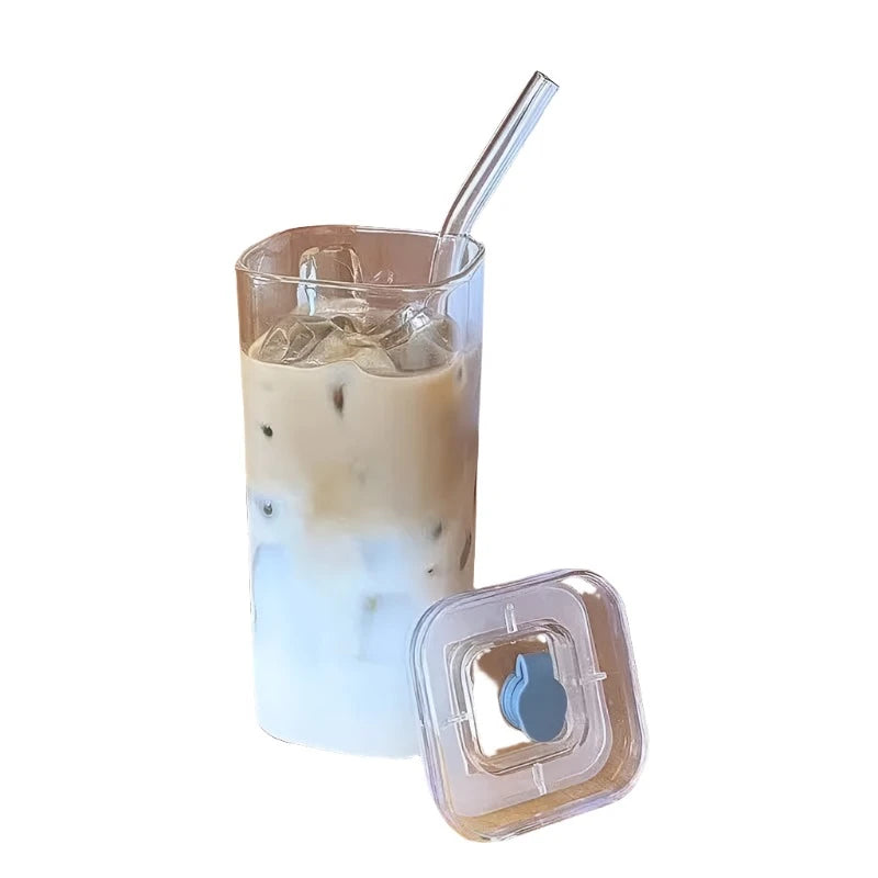 Square Heat Resistant Glass Cup with Lip and Straw