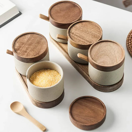 Ceramic Retro Seasoning Jar with Wooden Lid