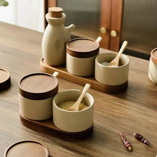 Ceramic Retro Seasoning Jar with Wooden Lid